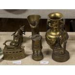 A job lot of assorted brassware including miniature miners lamp