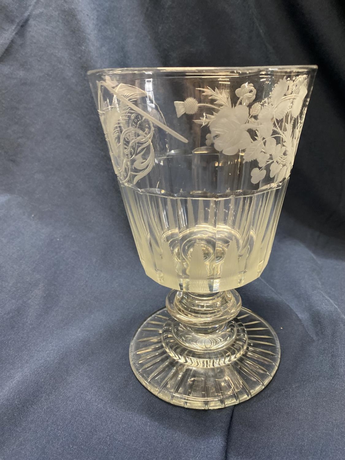 A very rare large Georgian wheel etched glass chalice with facet cut decoration 'God Speed the - Image 4 of 5