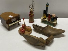 A job lot of assorted treen items including a vintage cocktail treen set