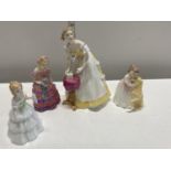 A Royal Doulton lady figurine (2nd quality) and three smaller ones