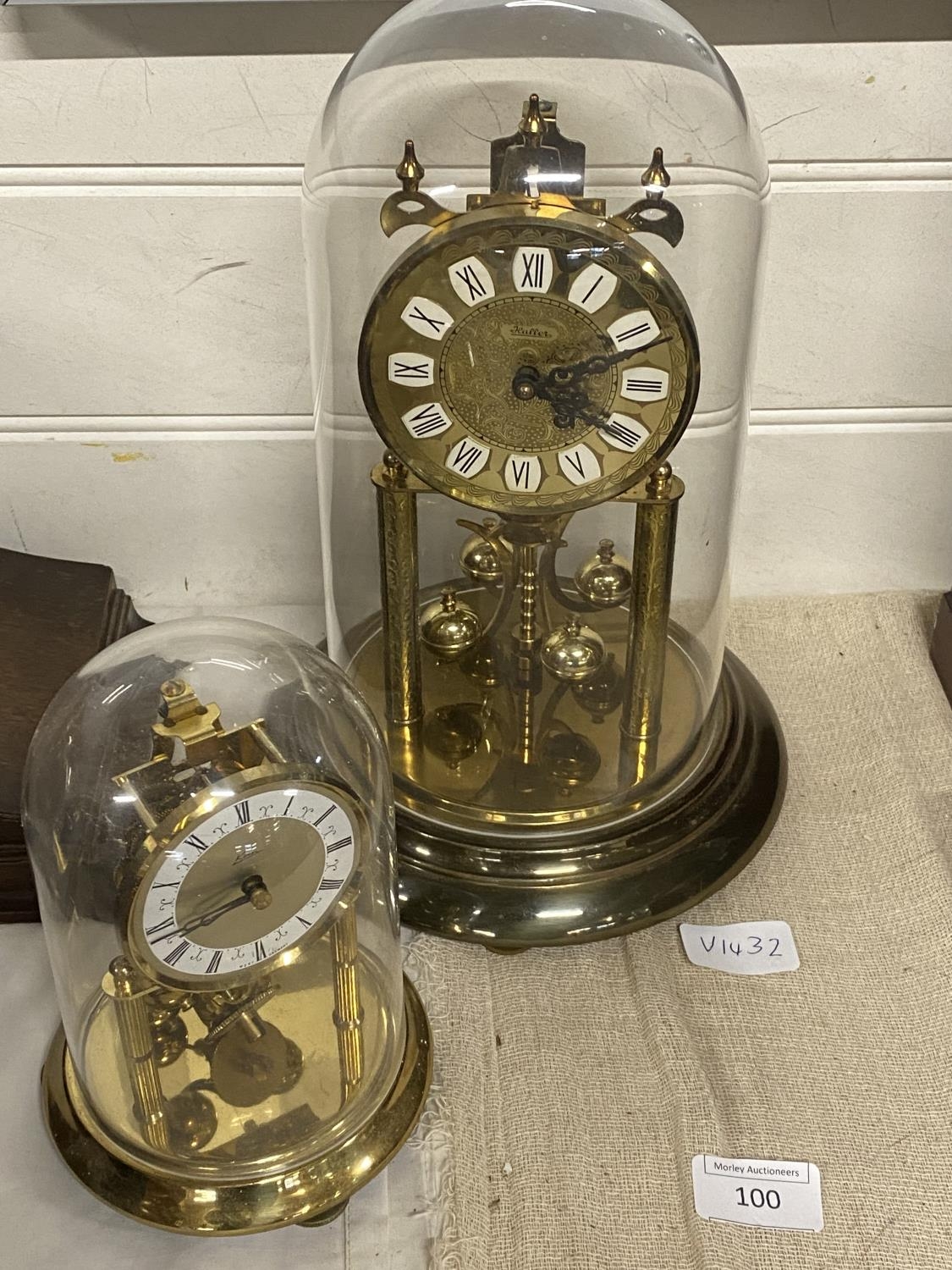 Two brass mantle clocks under domes, A/F, shipping unavailable