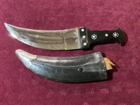 A Indian hunting knife with wooden handle and sheath, UK shipping only