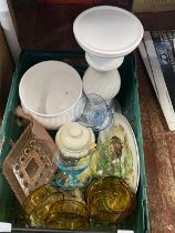 A large box of assorted collectables including planter and stand. shipping unavailable