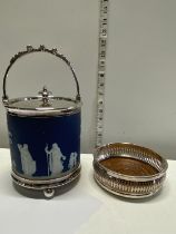 A silver plated Wedgwood jasper ware biscuit barrel & silver plated wine coaster.