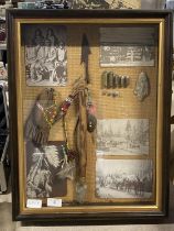 A glazed display case of Native American artifacts etc Case size 58cm x 40cm (No shipping)