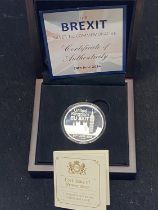 A limited edition 1 oz silver proof coin commemorating Brexit.