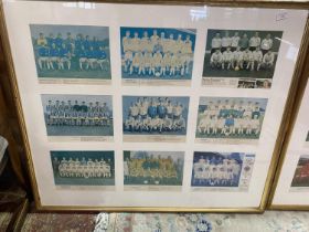 A large framed collage of football teams from the 1950's/60's. 105cm x 90cm. No shipping