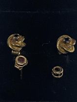 Two pairs of 9ct gold & ruby earrings & gold & sapphire earrings.