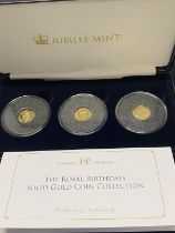 A limited edition 9ct gold three coin set celebrating the Royal Birthdays.
