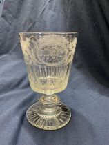 A very rare large Georgian wheel etched glass chalice with facet cut decoration 'God Speed the