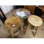 A vintage wooden table and two wooden stools shipping unavailable.