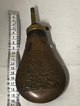 A antique American themed copper & brass powder flask