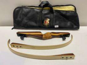 A hand made by Border Archery Mellerstain Gordon Scotland hunting bow in carry case. Reg Number