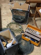 A selection of assorted fishing tackle including nets & boxes & seats etc. shipping unavailable