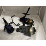 Three assorted carp fishing reels including Sheakspeare