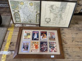 Two antique framed maps of Debryshire and Bedfordshire and one other framed advertising picture,