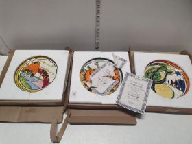 Three Wedgwood for Clarice Cliff, collectors plates with COA (one plate a/f)