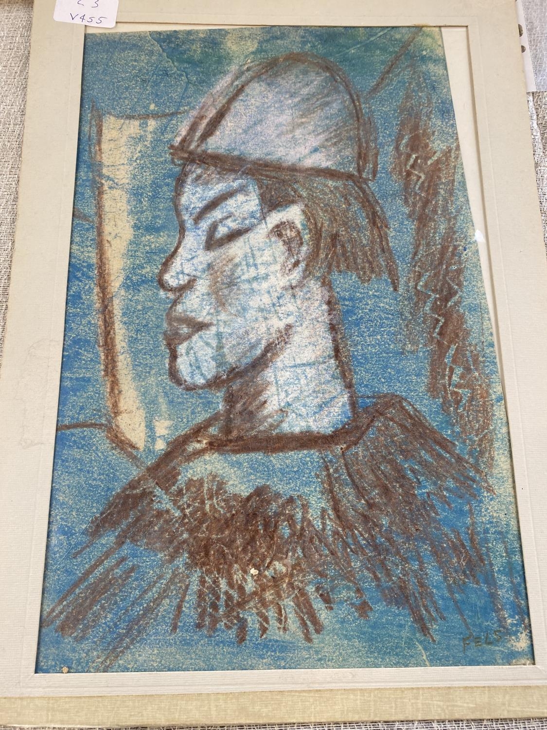A Dominic Fels watercolour portrait in blue signed Fels