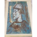 A Dominic Fels watercolour portrait in blue signed Fels