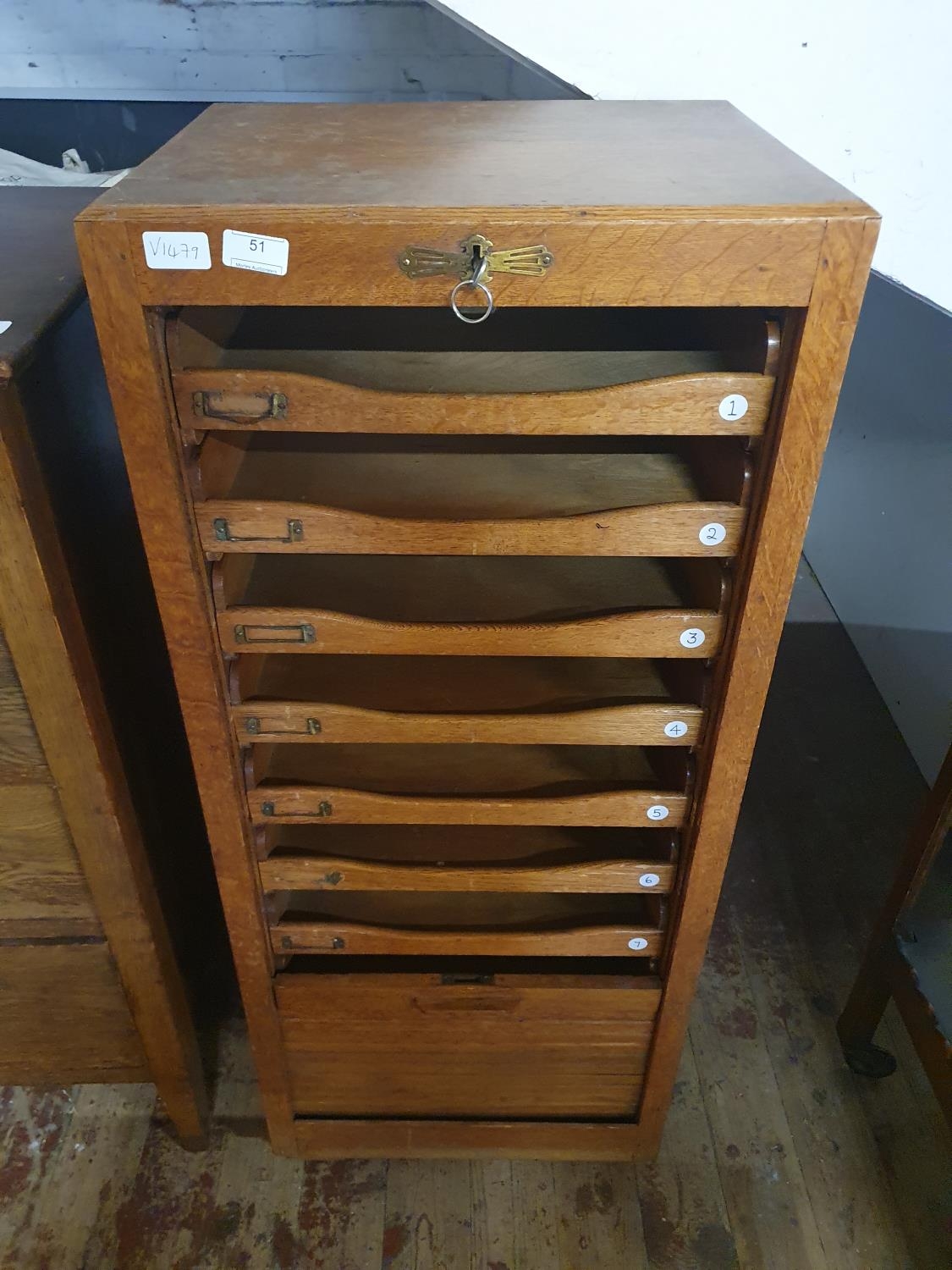 An antique oak roll front Tambour cabinet with key, lock in working order. 115x48x38, shipping - Image 2 of 2