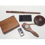 A selection of vintage treen items and a Rathbone tape measure