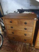 An antique oak five chest of drawers complete with key measuring 91x48x107. shipping unavailable