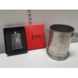 A boxed pewter hip flask with pewter wine holder
