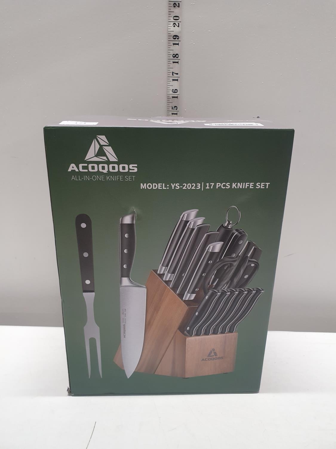 A boxed Acoqoos 17 piece knife set (unchecked). Shipping unavailable