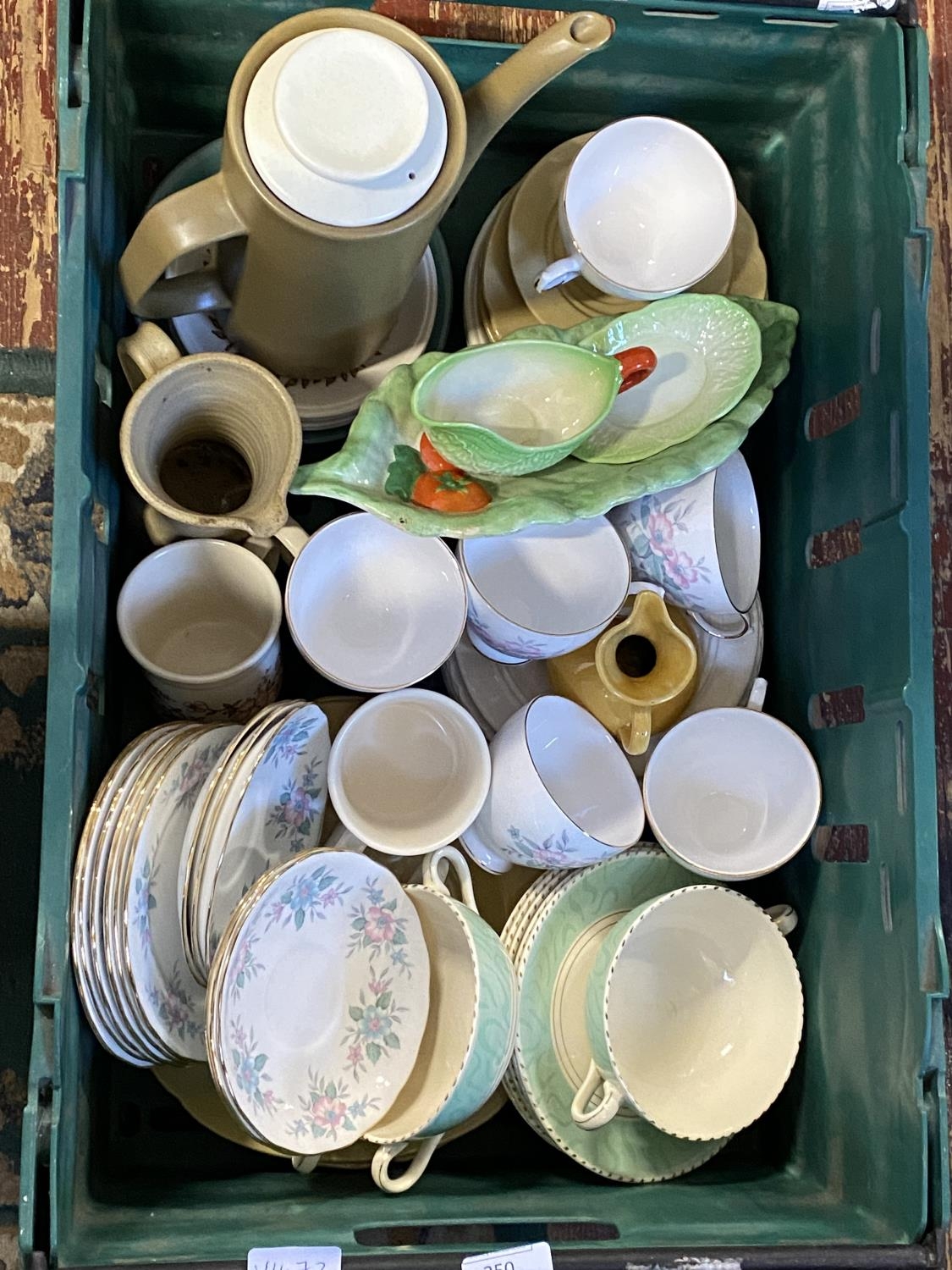 A box full of assorted ceramics etc including Carltonware. Shipping unavailable