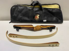 A hand made by Border Archery, Mellerstain Gordon Scotland hunting bow in carry case. Reg Number