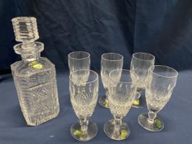 A Waterford crystal decanter and set of six glasses, shipping unavailable
