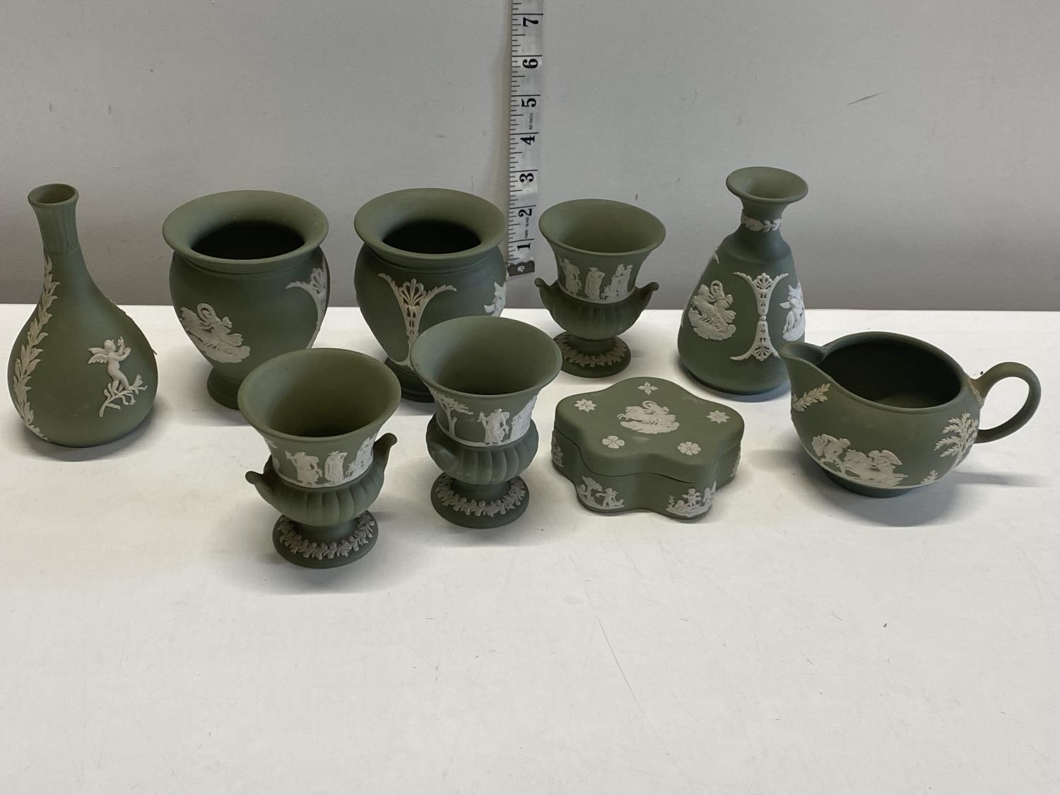 A selection of Green Wedgwood Jasperwares.Shipping unavailable