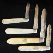Four hallmarked silver bladed MOP pen knives, UK post only