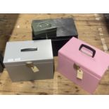 Three metal storage cases and a vintage cash box, shipping unavailable