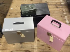 Three metal storage cases and a vintage cash box, shipping unavailable