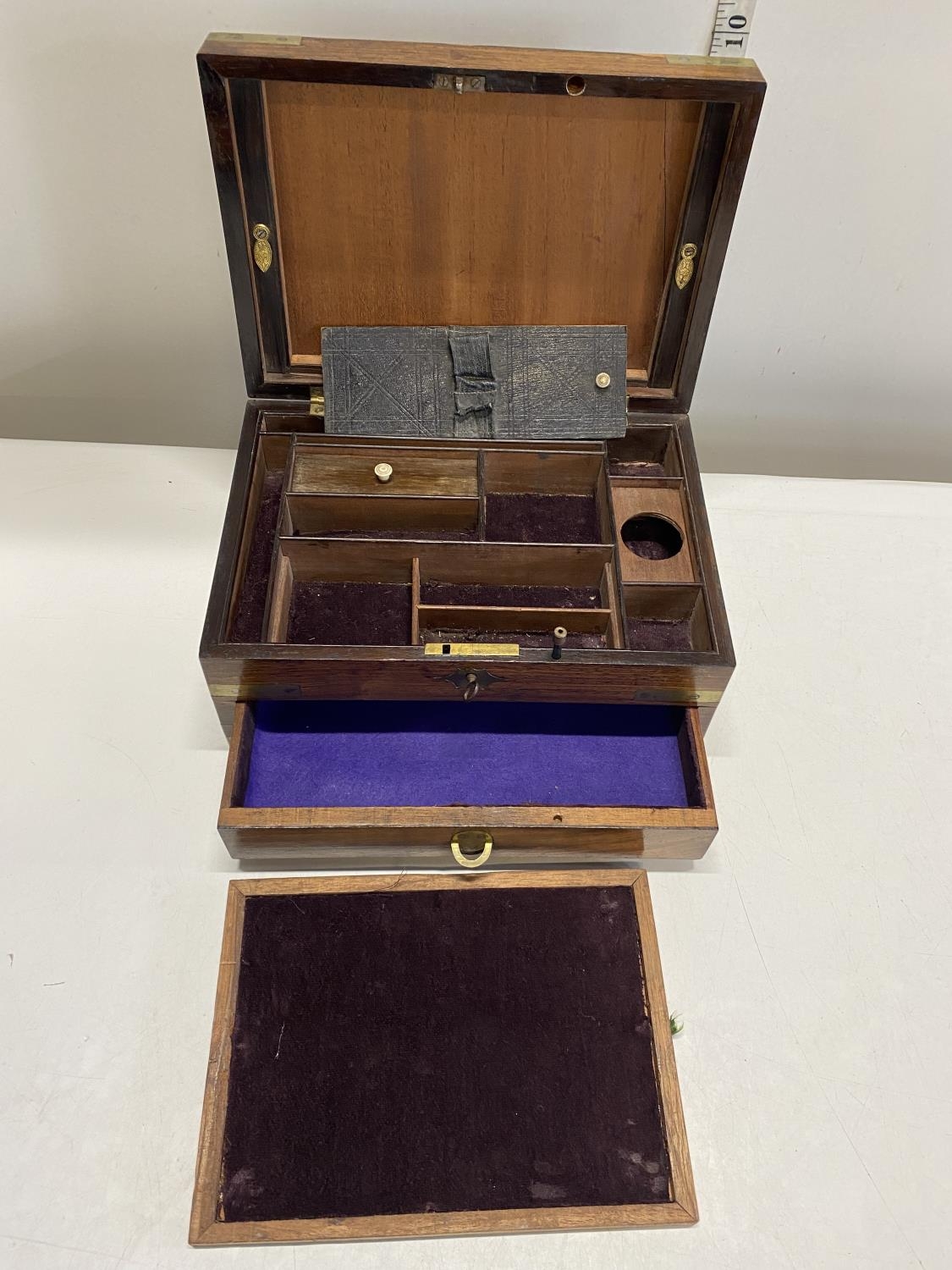 A antique brass bound wooden stationery box with key, 25x18x12cm, shipping unavailable - Image 2 of 2