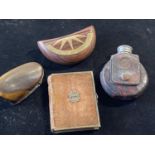 Four assorted antique collectables including snuff box that needs attention