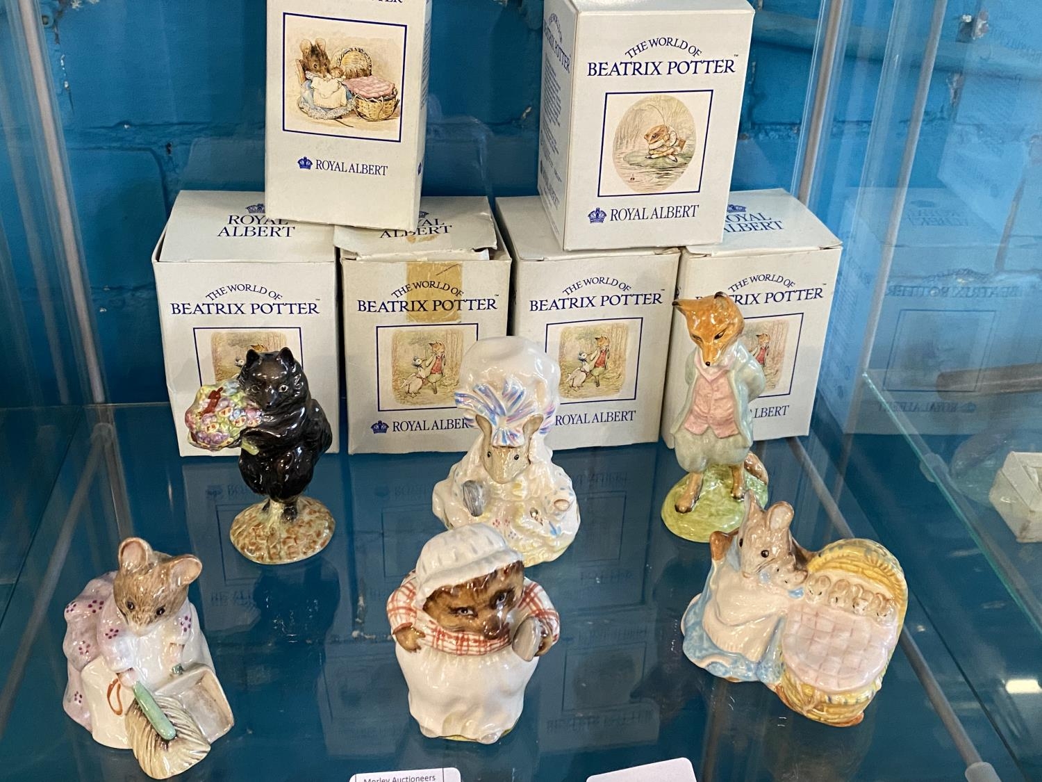 Six boxed Royal Albert Beatrix Potter figurines. Duchess has damage. A/F