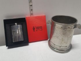 A boxed pewter hip flask with pewter wine holder