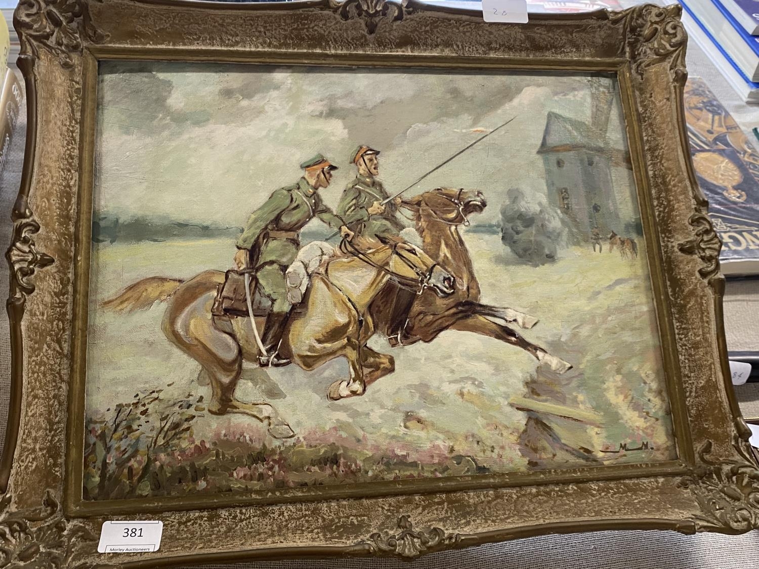 A Russian school oil on canvas of soldiers on horseback c1920 signed with initials - Image 2 of 2