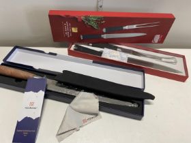 A M&S boxed carving knife and fork set and a Japanese Sashimi knife (UK post only)
