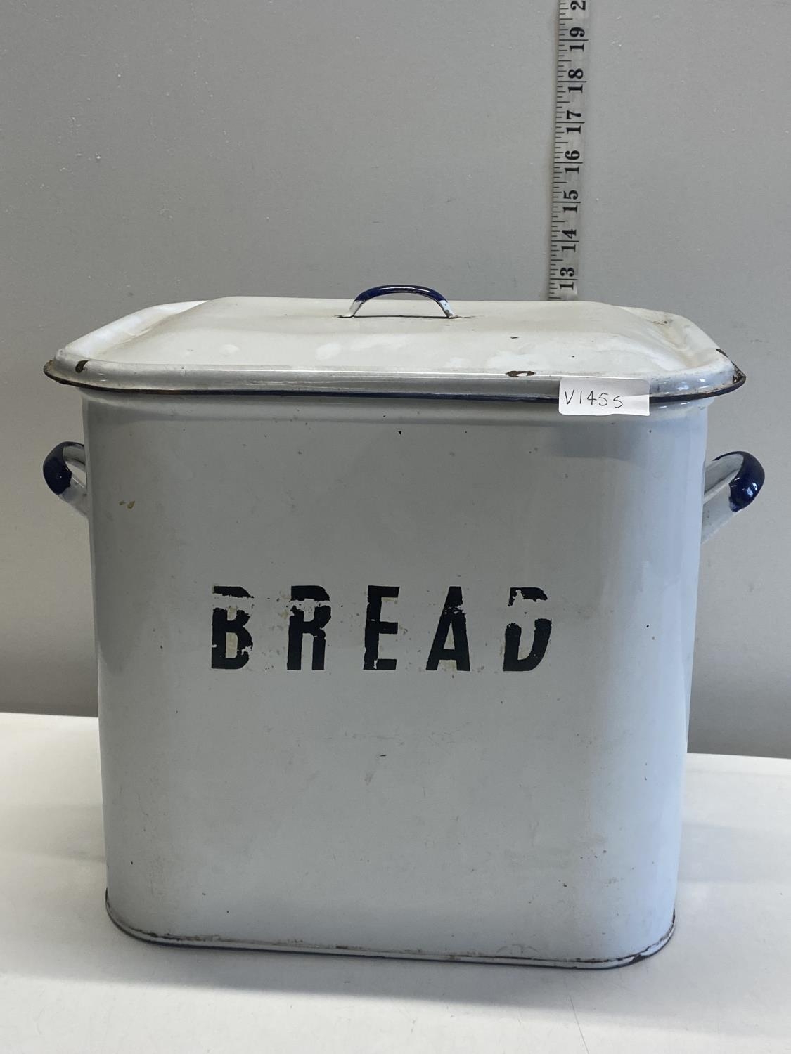 A vintage enamel bread bin.Shipping unavailable