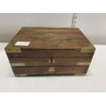 A antique brass bound wooden stationery box with key, 25x18x12cm, shipping unavailable