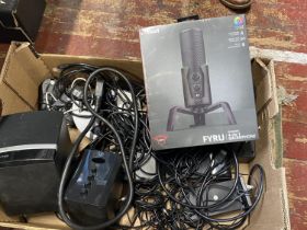 A job lot of computer leads, speakers and a new microphone.Shipping unavailable