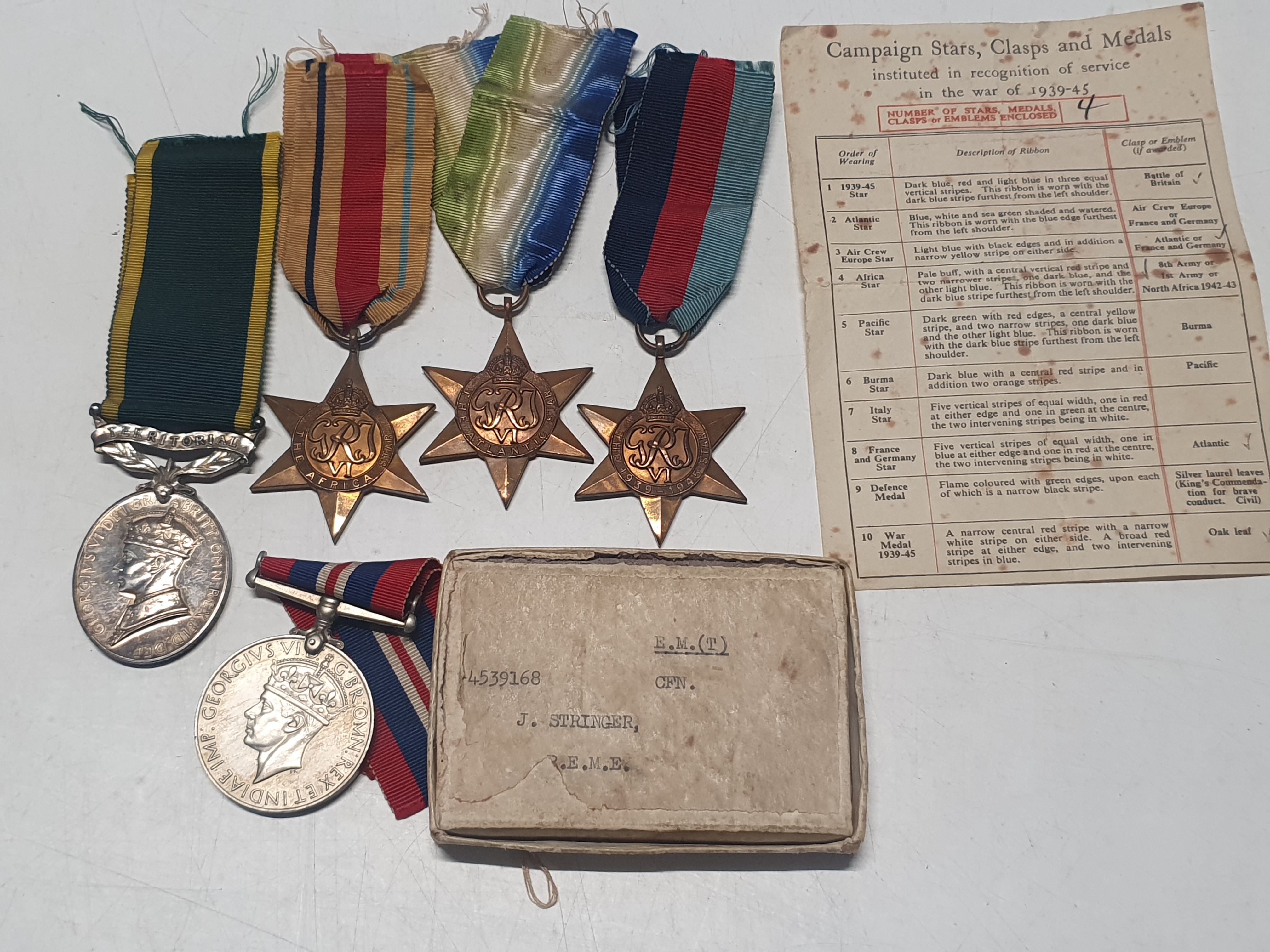 A grouping of WW2 medals & a Territorial efficiency medal awarded to Craftsman J Stringer Royal - Image 2 of 5