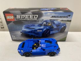 A Lego Speed Champions McLaren Elva model 76902, with original box etc, shipping unavailable
