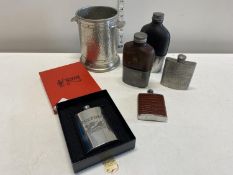 A job lot of assorted vintage hip flasks and pewter items, shipping unavailable