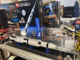 A Lego Nasa Apollo Saturn V model 21309 in display case, with original box etc, shipping unavailable