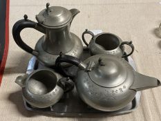 A vintage Sheffield Pewter for piece tea set on a stainless steel tray