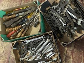 Three boxes of vintage tools including spanners, screwdrivers etc, shipping unavailable